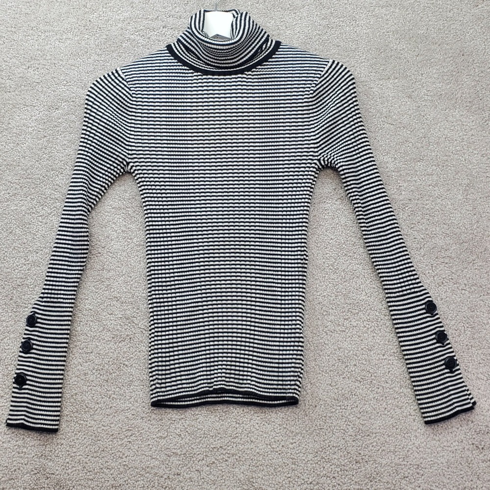 Anthropologie Turtleneck Sweater Women XS Black White Striped Ribbed Button Cuff